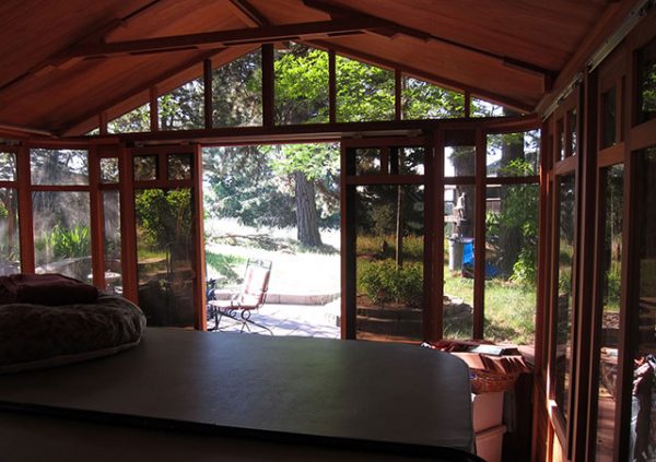 view from inside a chalet gazebo