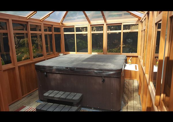 view from inside a hot tub enclosure