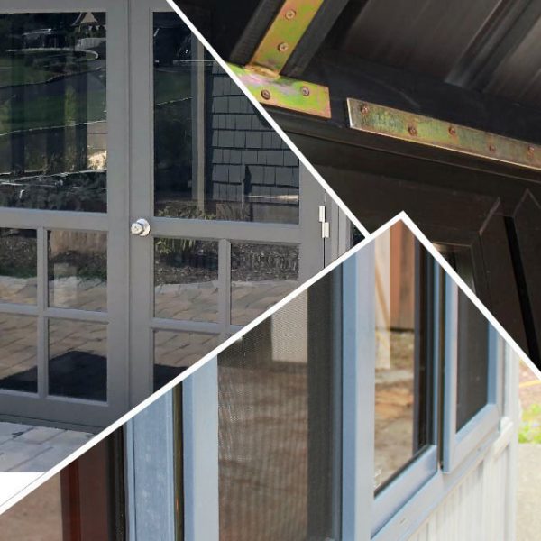 Photo collage of french door, window screen and metal brackets