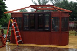 9. Flip the dome box with four attached rafters onto the body of the gazebo